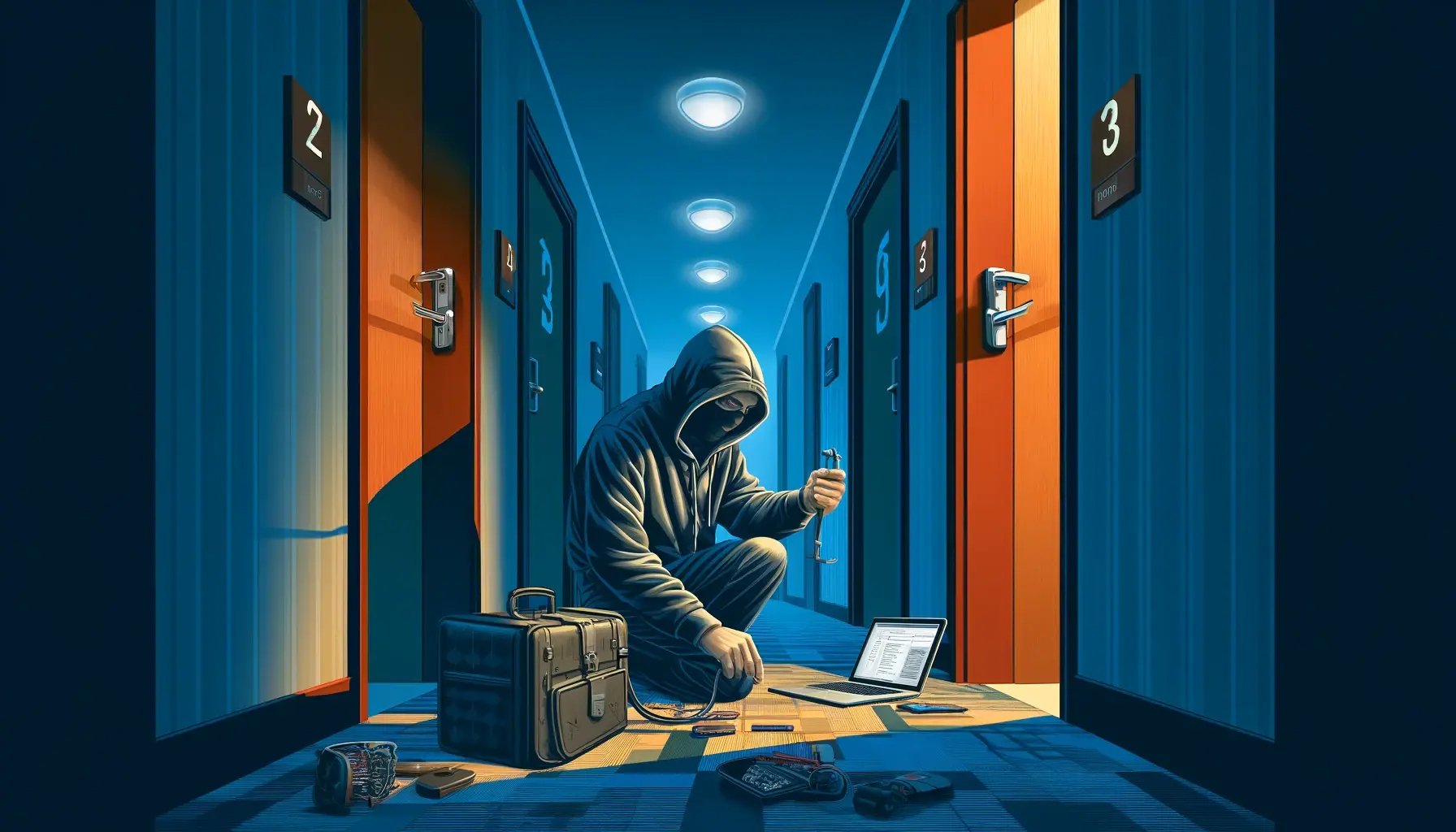 DALL·E 2024-05-23 12.23.43 - An illustration for an article about information security, set in a brightly lit hotel hallway. The scene shows an ominous hacker in a hoodie, activel
