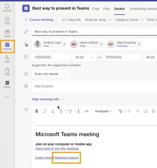 powerpoint live presenter view Meeting Options in Teams