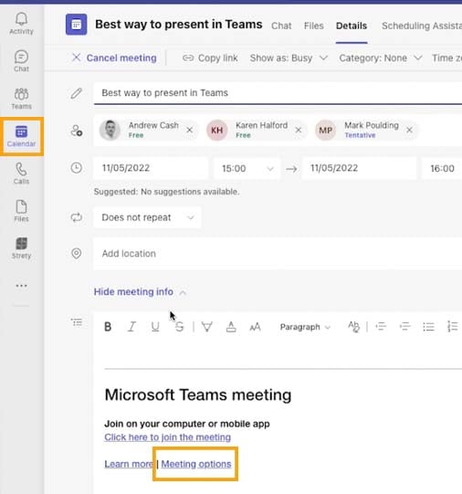 Meeting Options in Teams